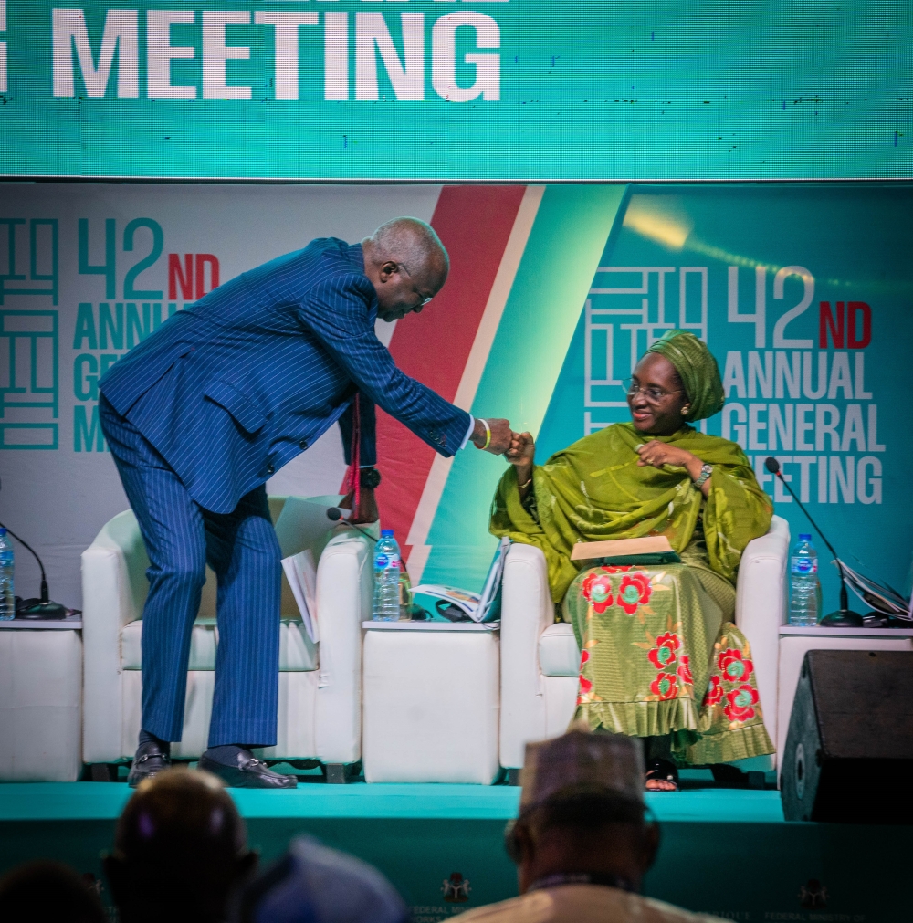 Representative of the President and Hon. Minister of Finance, Budget & National Planning, Mrs Zainab Shamsuna Ahmed (right) and Hon. Minister of Works & Housing and Chairman of the Board of Shelter Afrique, Mr Babatunde Fashola,SAN (left) during the Opening Programme of the 42nd Annual General Meeting and Symposium of Shelter Afrique with the theme," Political Economy in the Built Environment," jointly organized by the Federal Ministry of Works & Housing and Shelter Afrique at the Transcorp Hilton Abuja on Monday, 6th May 2023.