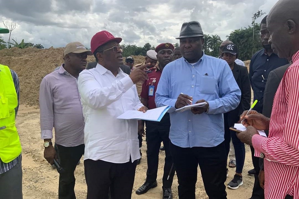 Honourable Minister, Federal Ministry of Works, H.E. Sen (Engr) David Nweze Umahi. CON, Director Highway South South, Engr C.A Ogbuagu during the inspection of the Dualisation of Yenegwe Road Junction - Kolo-Otuoke - Bayelsa Palm (20km) in Bayelsa State
