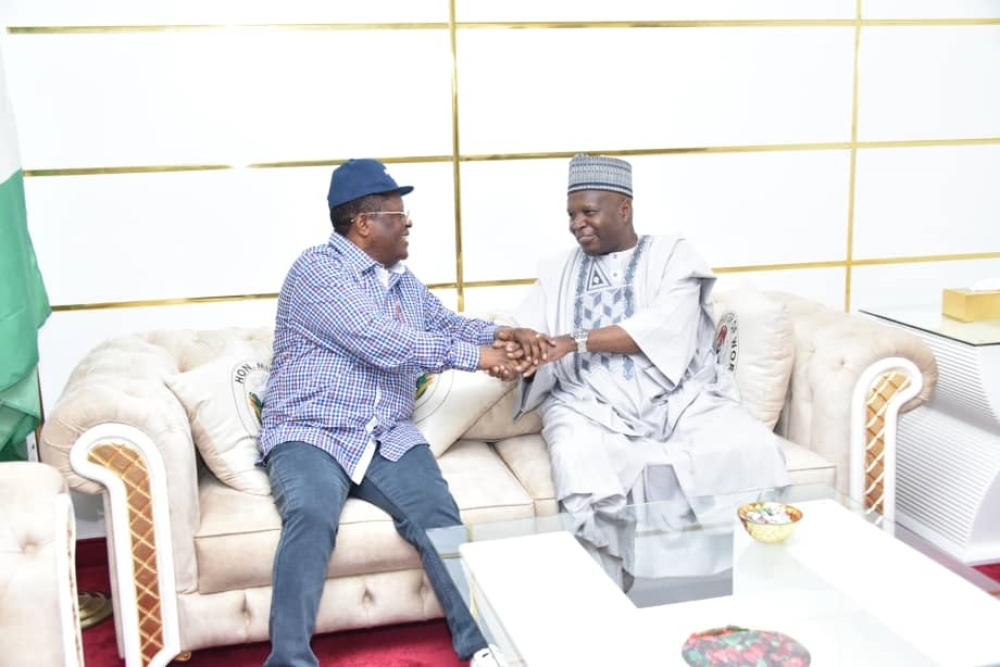 Honourable Minister of Works, His Excellency, Sen. Engr. Nweze David Umahi, CON with the Governor of Gombe State, His Excellency, Muhammadu Yayaha Inuwa,  in a meeting in his office on 17th November, 2023