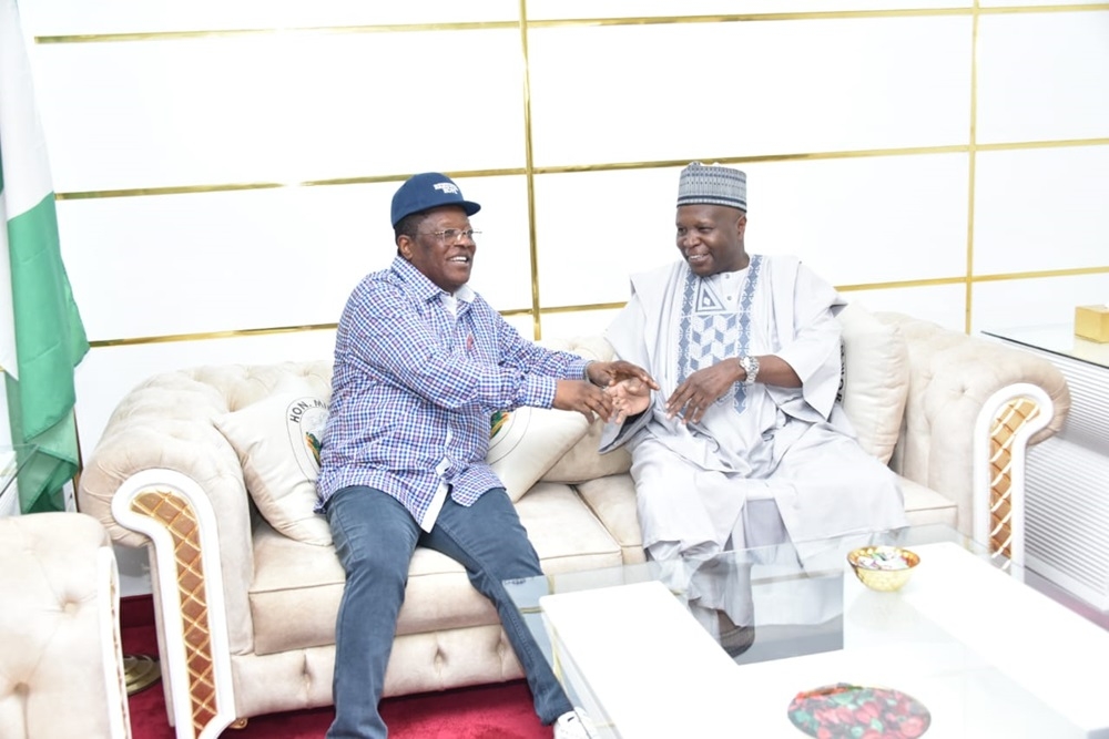 Honourable Minister of Works, His Excellency, Sen. Engr. Nweze David Umahi, CON with the Governor of Gombe State, His Excellency, Muhammadu Yayaha Inuwa,  in a meeting in his office on 17th November, 2023
